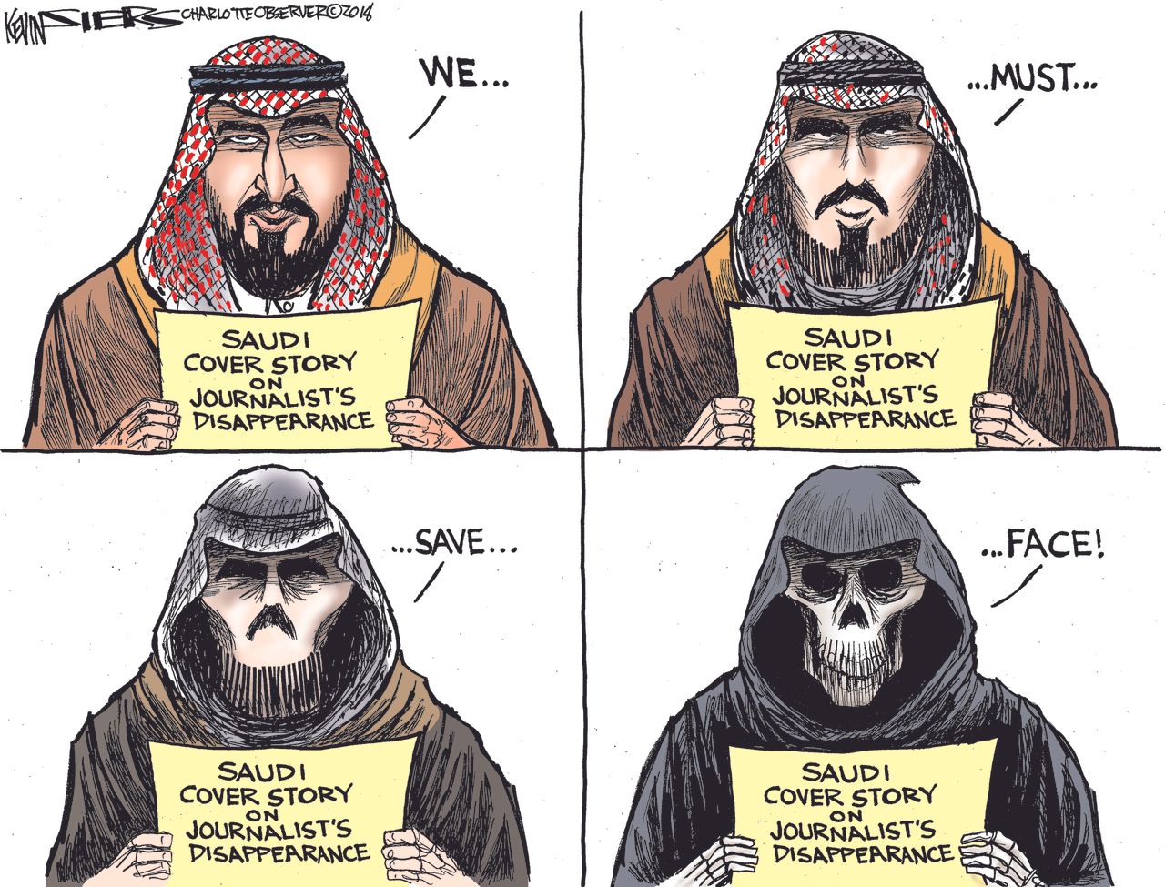 Political cartoon world Saudi Arabia save face cover story journalist Jamal Khashoggi prince Mohammed bin Salman