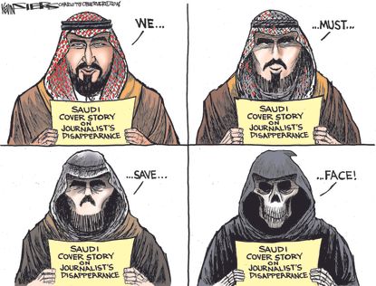 Political cartoon world Saudi Arabia save face cover story journalist Jamal Khashoggi prince Mohammed bin Salman