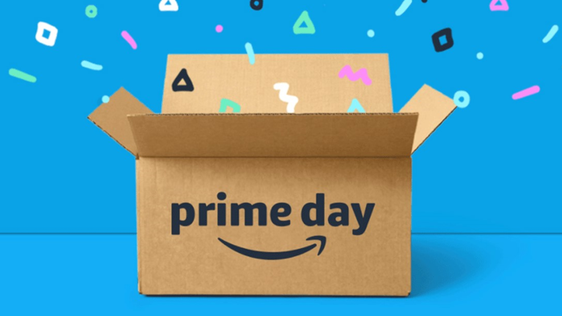Prime Day box open against a blue background, with multi-color confetti flying out