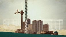 Photo collage of the Tehran skyline, with Milad Tower with a faucet coming out of it.