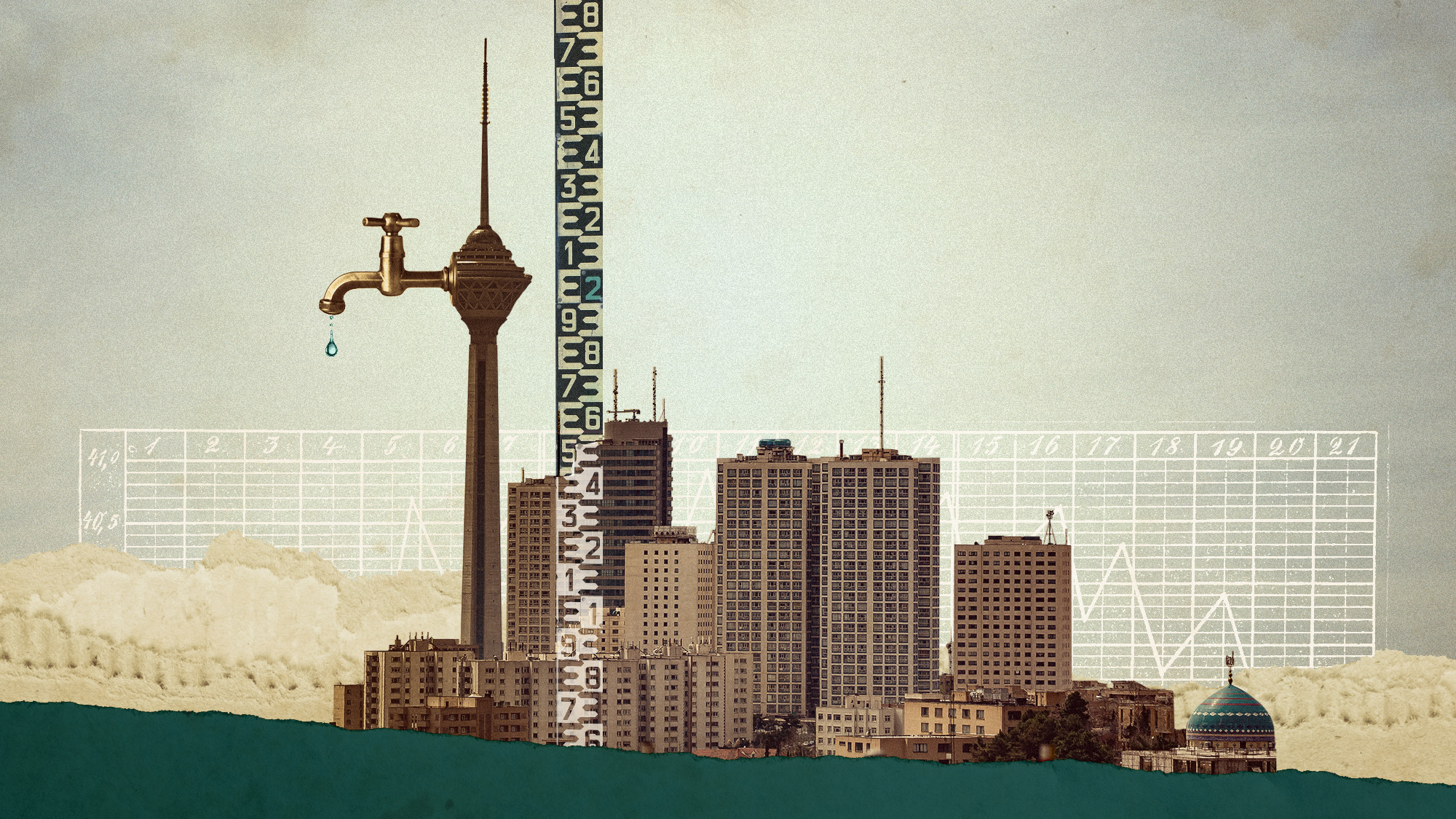 Photo collage of the Tehran skyline, with Milad Tower with a faucet coming out of it.