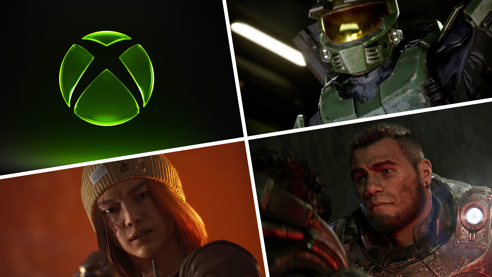 The Xbox Logo in the top left, Master Chief in top right, a State of Decay 3 character bottom left, and Marcus from Gears of War in the bottom right