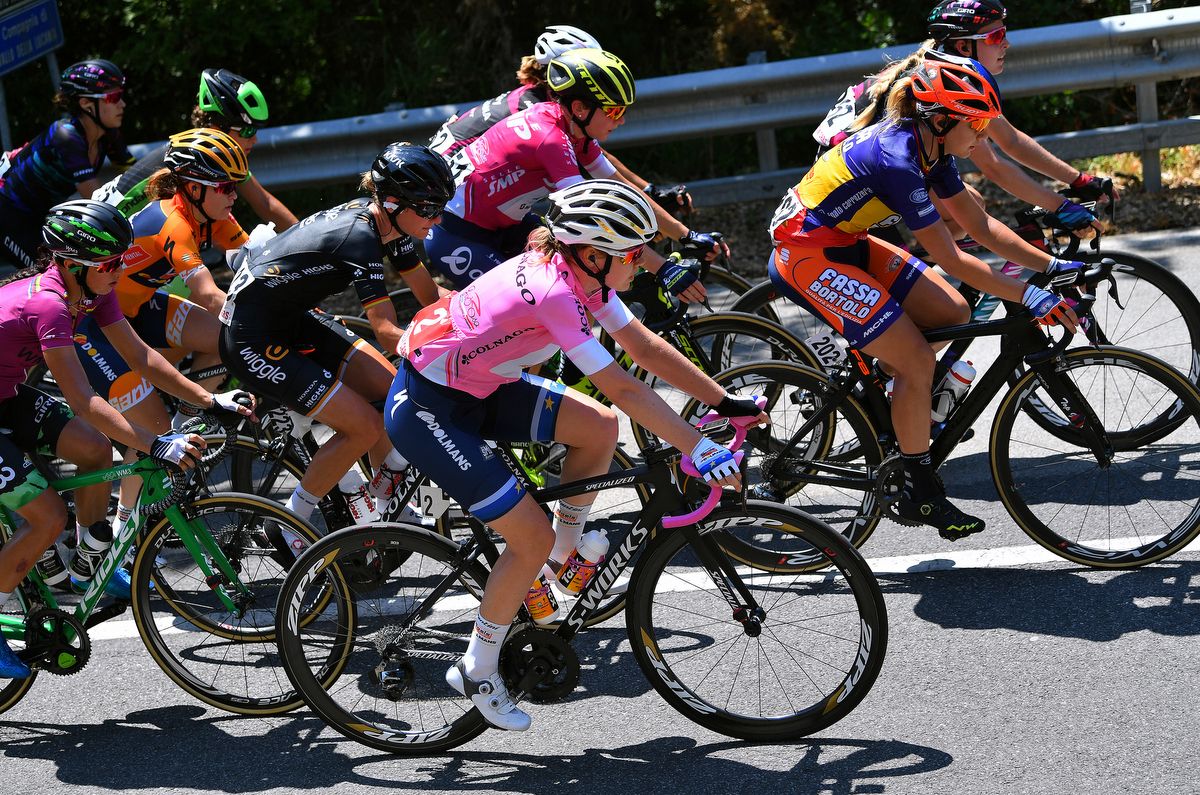 Pink jersey holder Anna van der Breggen in the peloton