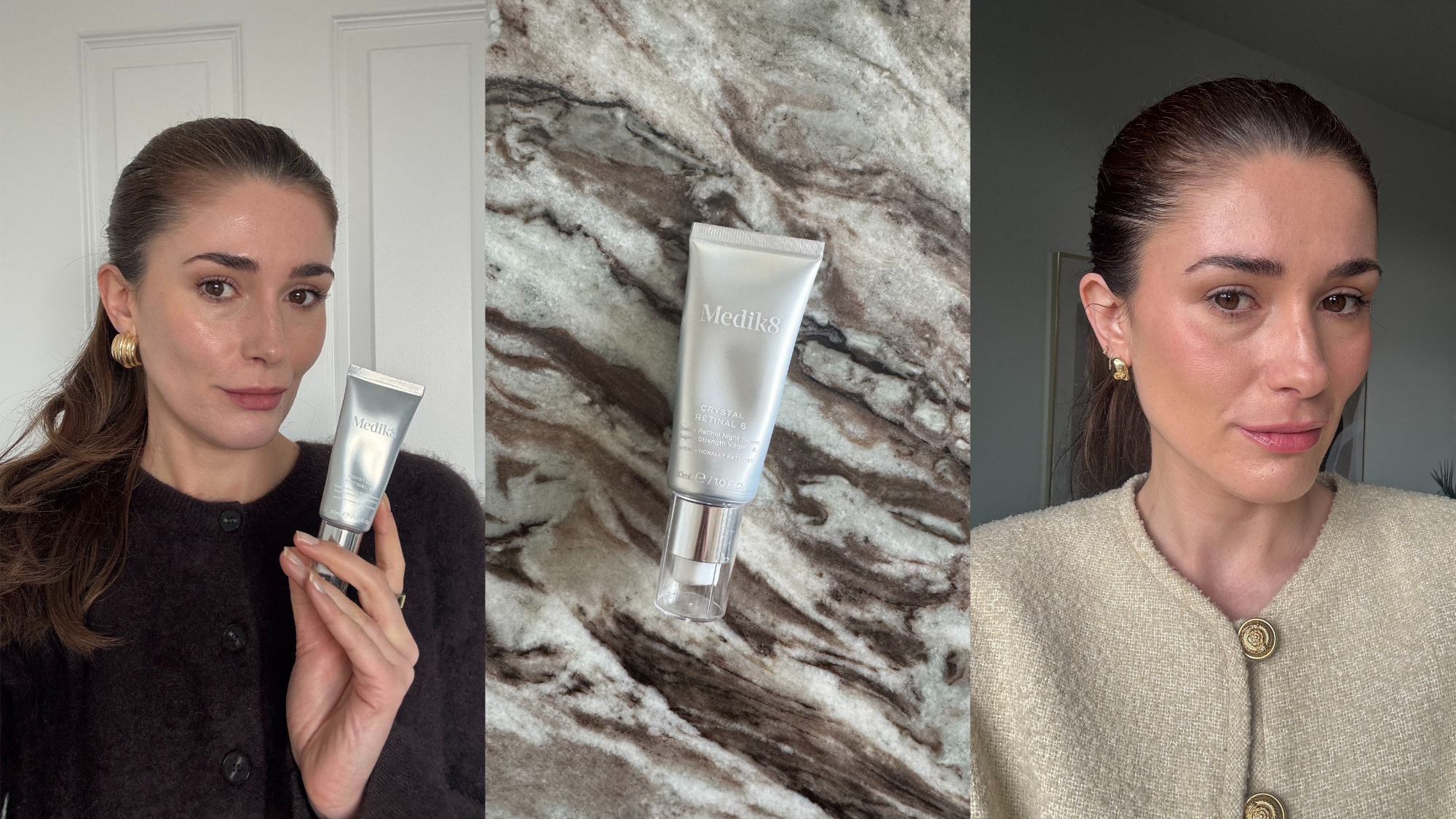 A collage with beauty editor Eleanor Vousden and the Medik8 crystal retinal serum