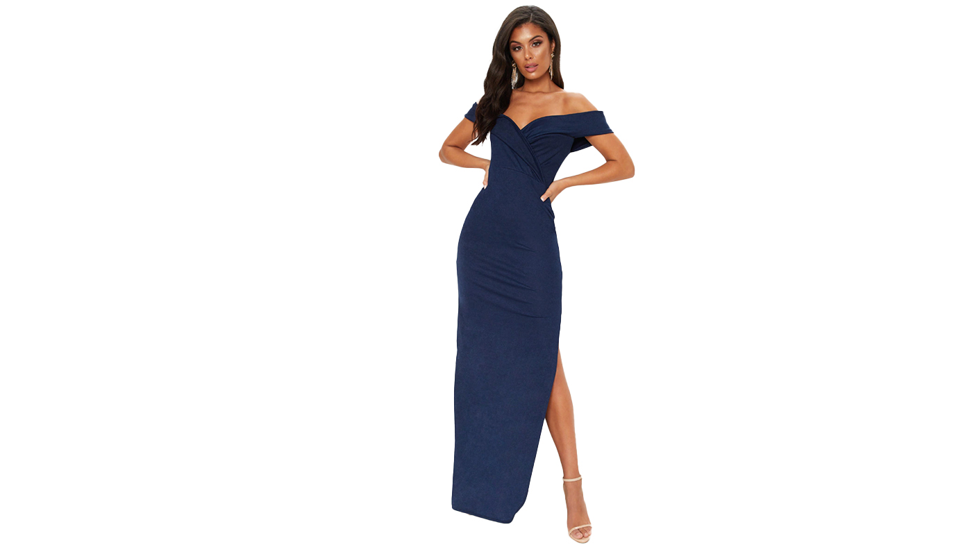 Pretty Little Thing Bardot Fold Detail Split Maxi Dress