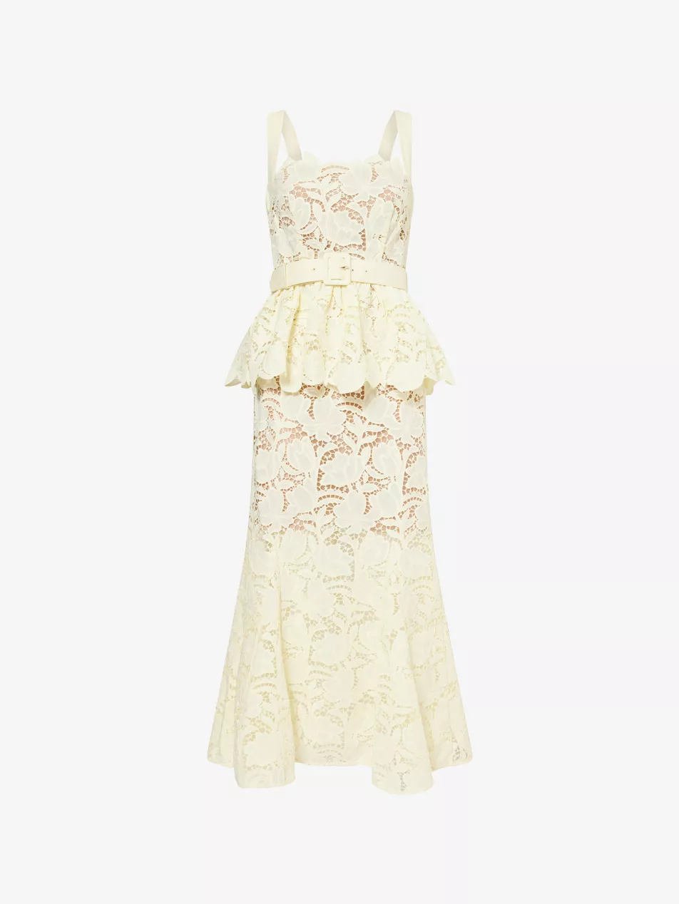 Belted Peplum Lace Midi Dress - 4