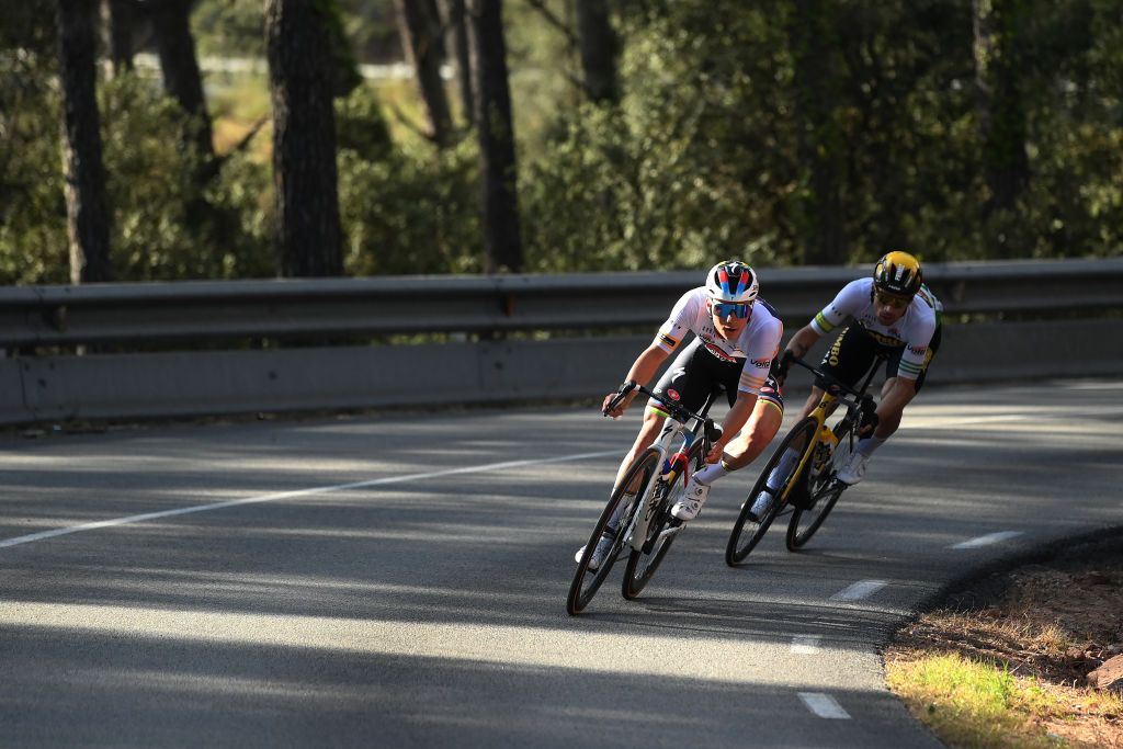 MOLINS DE REI SPAIN MARCH 25 Remco Evenepoel of Belgium and Team Soudal QuickStep Yellow Best Young Rider Jersey and Primoz Roglic of Slovenia and Team JumboVisma Green Leader Jersey compete in the breakaway during the 102nd Volta Ciclista a Catalunya 2023 Stage 6 a 1741km stage from Martorell to Molins de Rei UCIWT on March 25 2023 in Molins de Rey Spain Photo by David RamosGetty Images