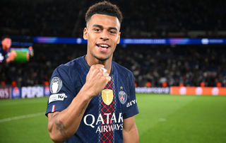 Desire Doue of Paris Saint-Germain celebrates after the team's victory in the UEFA Champions League 2025/26 Quarter-Final First Leg match between Paris Saint-Germain FC and Liverpool FC