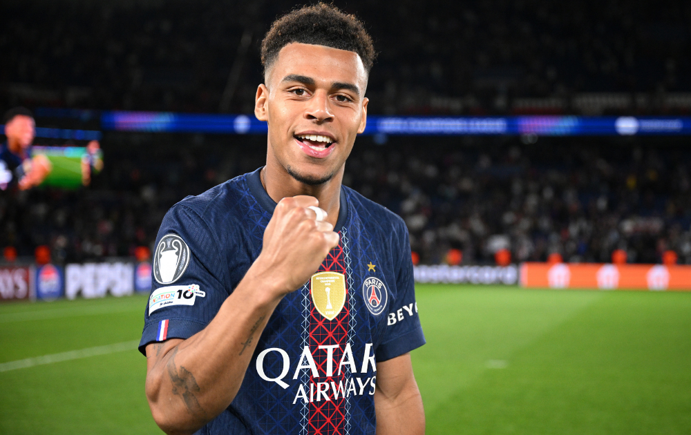 Desire Doue of Paris Saint-Germain celebrates after the team's victory in the UEFA Champions League 2025/26 Quarter-Final First Leg match between Paris Saint-Germain FC and Liverpool FC