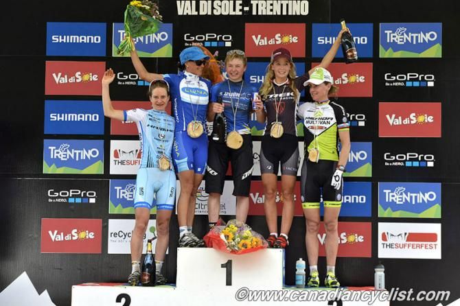 Women's cross country podium in Val di Sole (L-R): Adelheid Morath, Katerina Nash, Tanja Zakelj, Emily Batty and Gunn-Rita Dahle Flesjaa