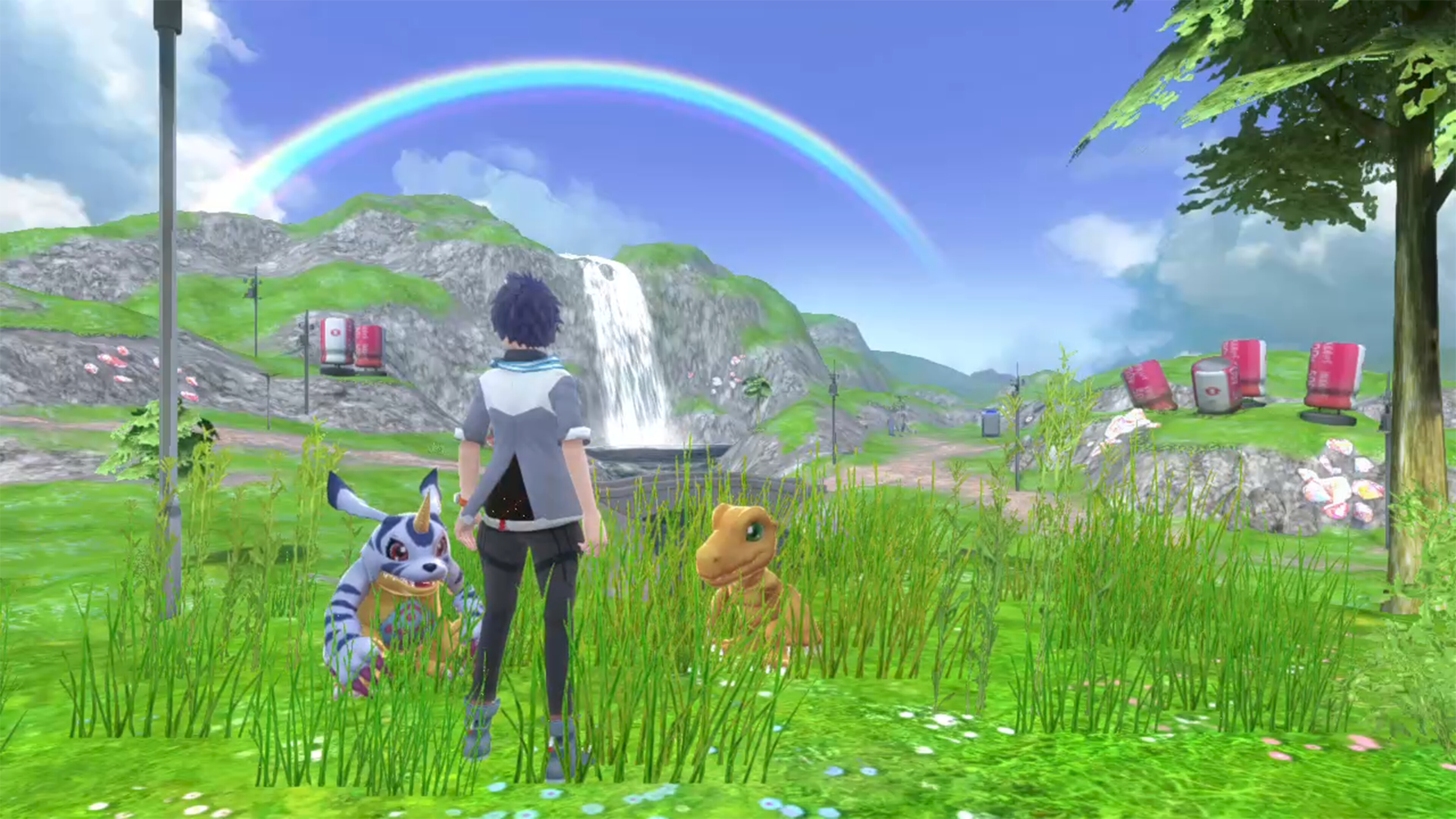 The player stands in green grass in Digimon World: Next Order with Gabumon and Agumon