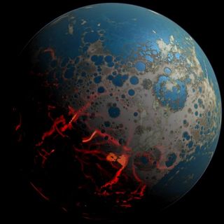 An artist's concept of the early Earth shows a surface pummeled by large impacts.