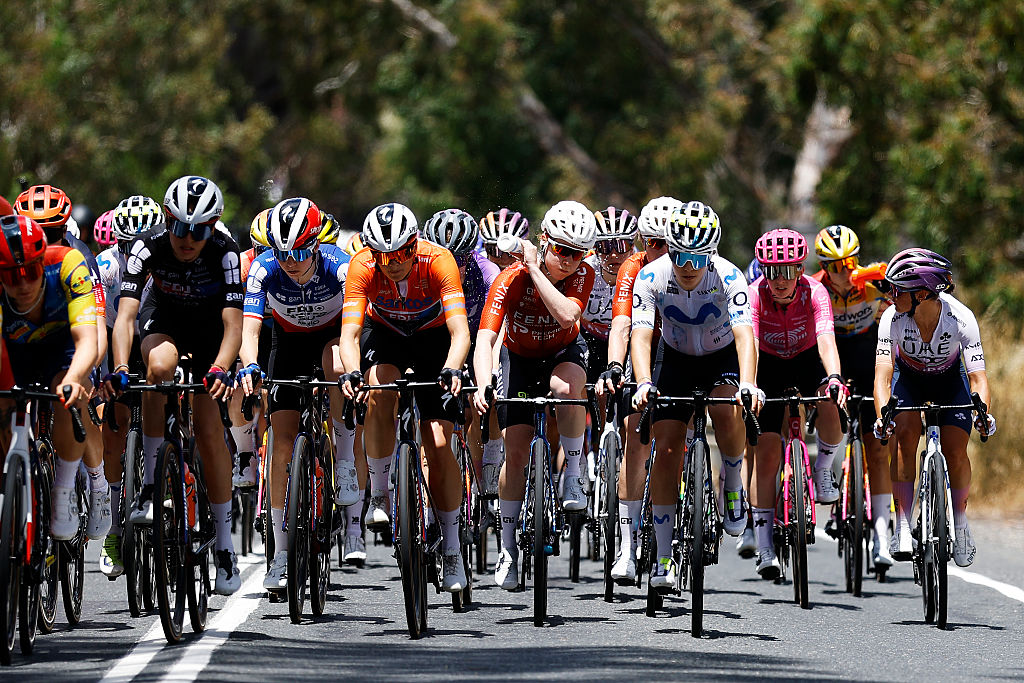 PARACOMBE, AUSTRALIA - JANUARY 18: Marie Le Net of France Ally Wollaston of New Zealand and Team FDJ United - SUEZ - Orange Santos Leader's Jersey and a general view of the peloton competing during the 10th Santos Women's Tour Down Under 2026, Stage 2 a 130.7km stage from Magill to Paracombe 410m / #UCIWWT / on January 18, 2026 in Paracombe, Australia. (Photo by Con Chronis/Getty Images)