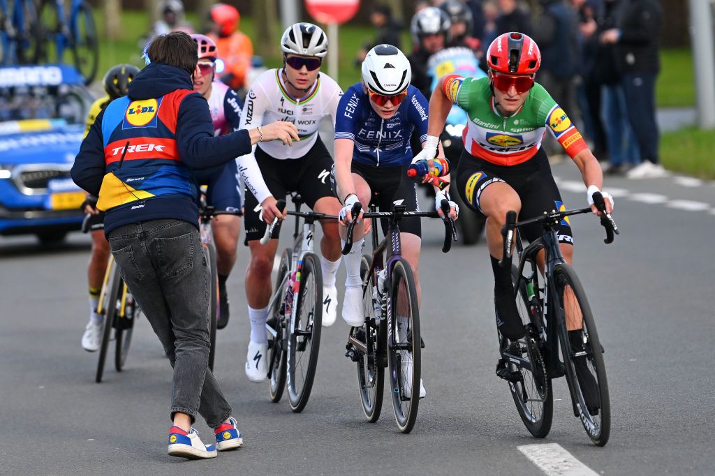 WAREGEM BELGIUM MARCH 27 LR Lotte Kopecky of Belgium and Team SD Worx Protime Puck Pieterse of The Netherlands and Team FenixDeceuninck and Elisa Longo Borghini of Italy and Team Lidl Trek compete in the breakaway during the 12nd Dwars door Vlaanderen 2024 Womens Elite a 1299km one day race from Waregem to Waregem on March 27 2024 in Waregem Belgium Photo by Luc ClaessenGetty Images
