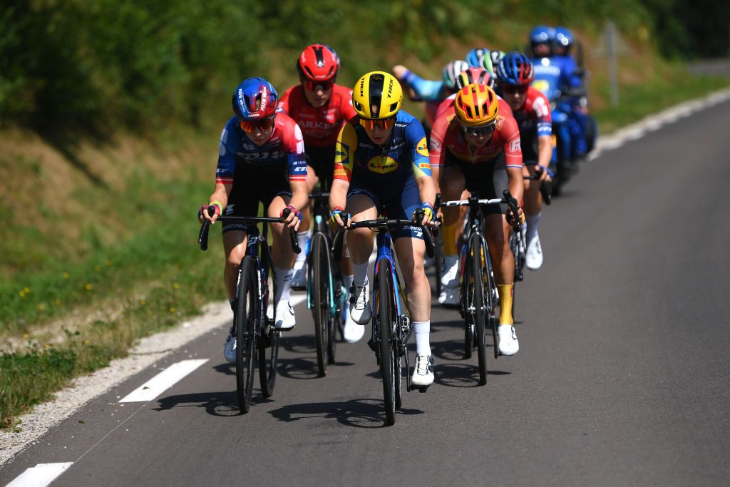 MORTEAU FRANCE AUGUST 16 LR Cecilie Uttrup Ludwig of Denmark and Team FDJ SUEZ Amanda Spratt of Australia and Team Lidl Trek and Anouska Koster of The Netherlands and Team UnoX Mobility compete in the breakaway during the 3rd Tour de France Femmes 2024 Stage 6 a 1592km stage from Remiremont to Morteau UCIWWT on August 16 2024 in Morteau France Photo by Alex BroadwayGetty Images