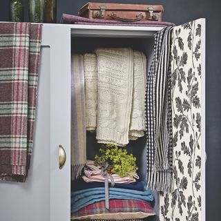 Wardrobe with one door open, looking into blankets and pillows hanging up