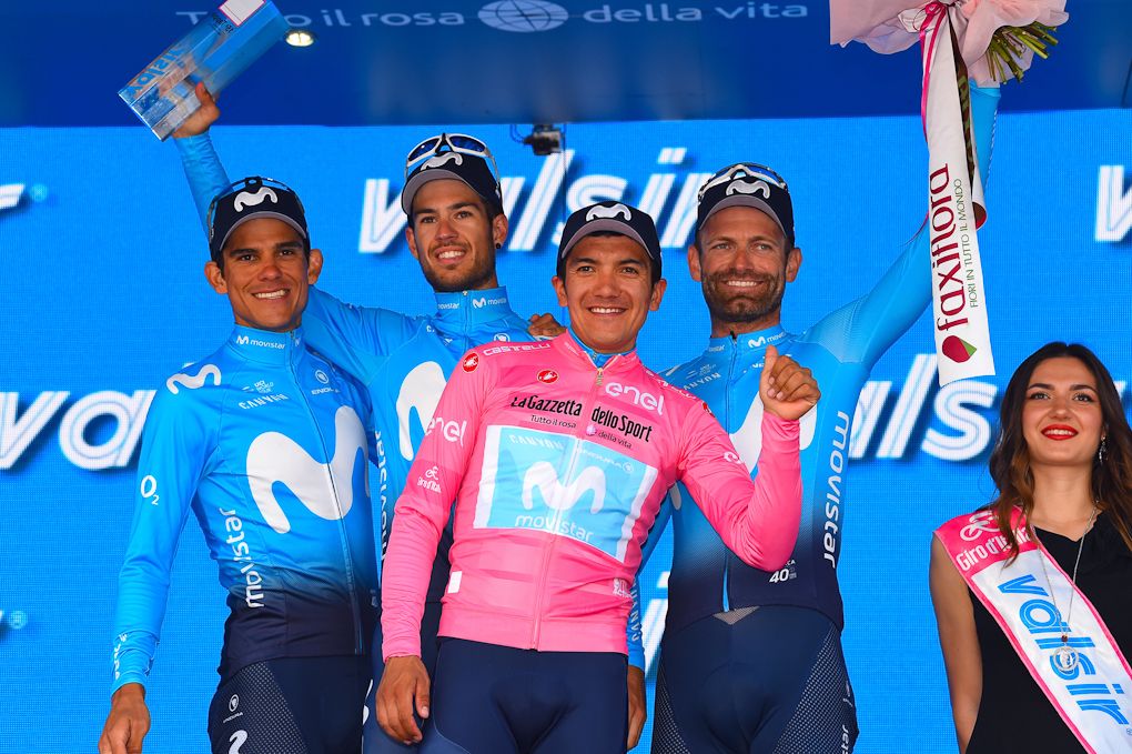 Richard Carapaz and Movistar enjoy some podium time after stage 15 at the Giro
