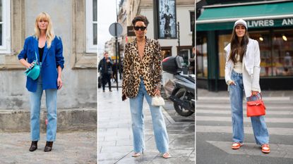 A composite of street style influencers wearing jeans and a blazer