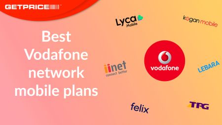 Orange and yellow background with red GetPrice logo on top left corner and white writing underneath that says Best Vodafone network mobile plans with scattered logos of telcos including iinet, Kogan Mobile and TPG next to it