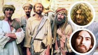 A scene from Monty Python’s The Life Of Brian with insets of Robert Plant and George Harrison