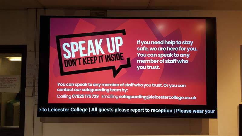 Digital signage with messaging for students at Leicester College.