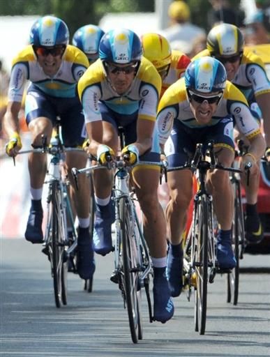 Team Astana come to the line with the best time.