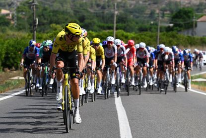 ROQUETES, SPAIN - AUGUST 26: Bruno Armirail of France and Team Visma | Lease a Bike leads the peloton during the La Vuelta - 81st Tour of Spain 2026, Stage 5 a 173.3km from Falset - Costa Daurada to Roquetes - Terres de l'Ebre / #UCIWT / on August 26, 2026 in Roquetes, Spain. (Photo by Tim de Waele/Getty Images)