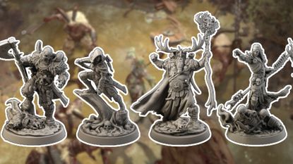Four miniatures based on Diablo classes, from a Barbarian with an axe and a Rogue with a knife to a Druid with a staff and Necromancer summoning skeletons