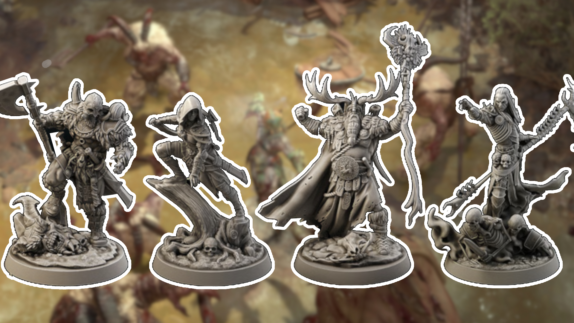 Four miniatures based on Diablo classes, from a Barbarian with an axe and a Rogue with a knife to a Druid with a staff and Necromancer summoning skeletons
