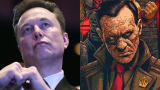 Elon Musk in 2025, and a cartoon of a villainous-looking man with black hair
