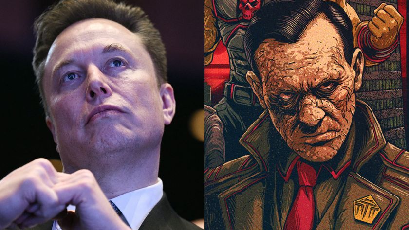 Elon Musk in 2025, and a cartoon of a villainous-looking man with black hair