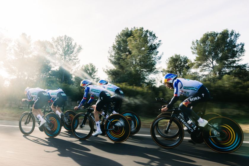 Mattia Cattaneo, Remco Evenepoel, Florian Lipowitz, Gianni Moscon, Maxim Van Gils, Lorenzo Finn and Nico Denz of Red Bull - BORA - hansgrohe team are photographed during the TTT Training in Mallorca, Spain on January 27, 2026