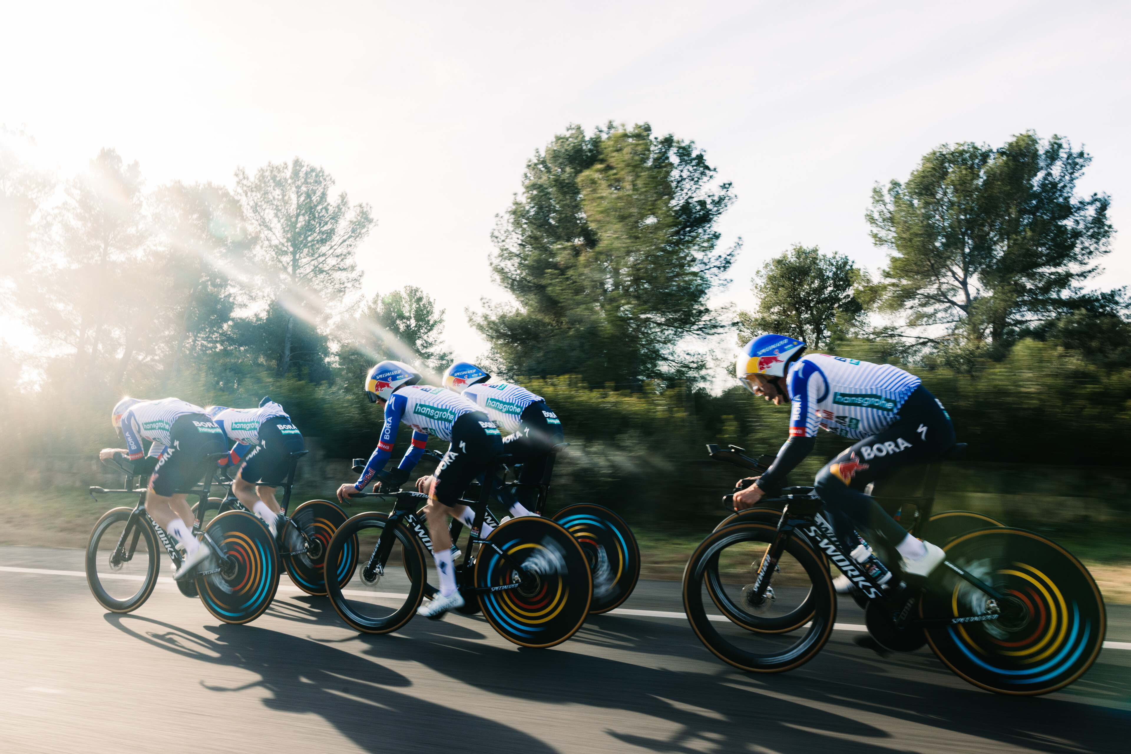 Mattia Cattaneo, Remco Evenepoel, Florian Lipowitz, Gianni Moscon, Maxim Van Gils, Lorenzo Finn and Nico Denz of Red Bull - BORA - hansgrohe team are photographed during the TTT Training in Mallorca, Spain on January 27, 2026