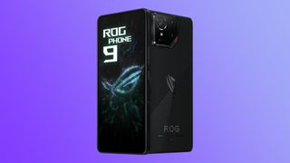 The ROG Phone 9 on a blue and purple background