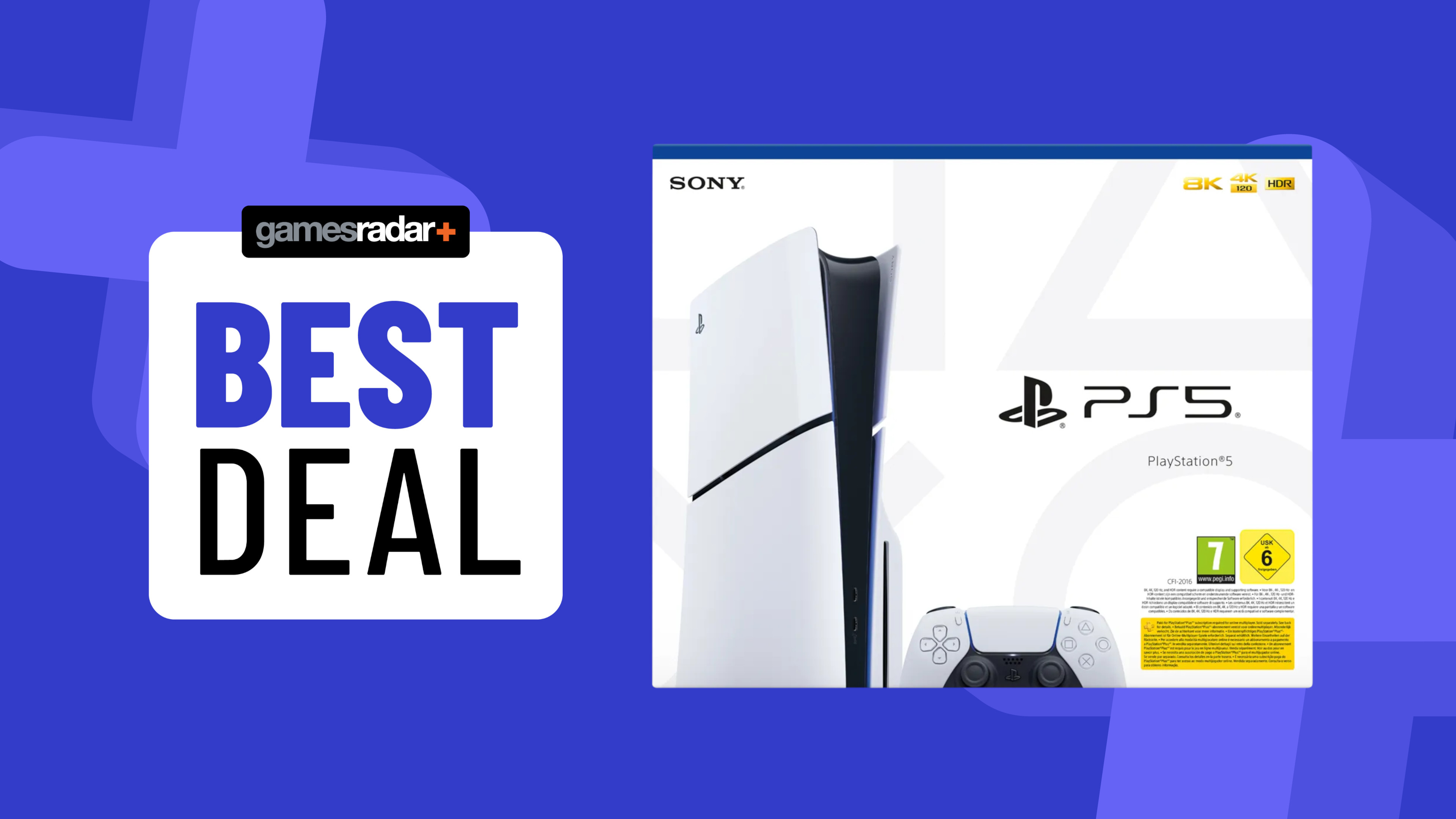 PS5 Slim console on a blue background with best deal badge