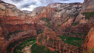 Zion Canyon in Utah reveals many layers of different colored rock