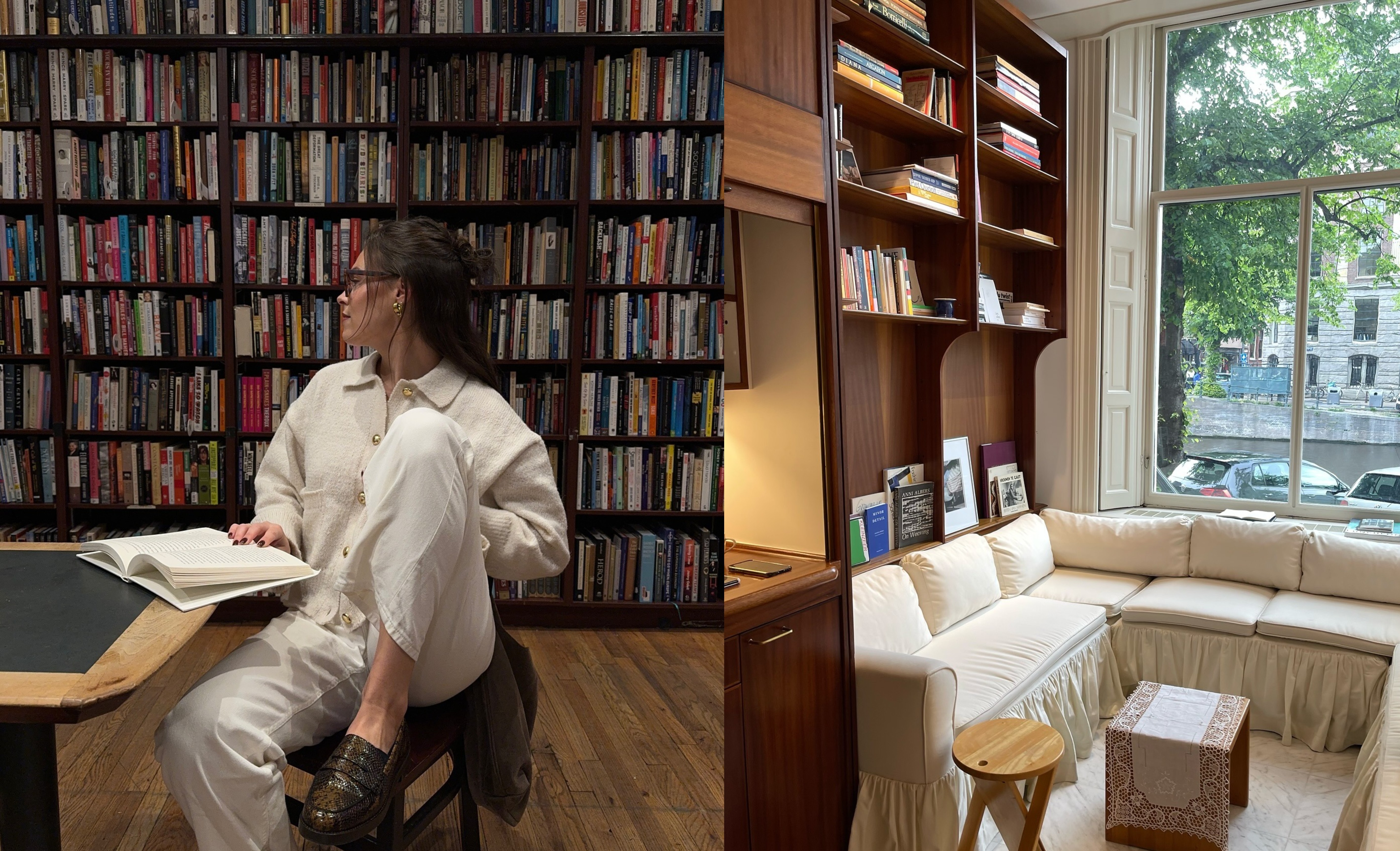 Collage of a woman reading in a library and an elegant living room