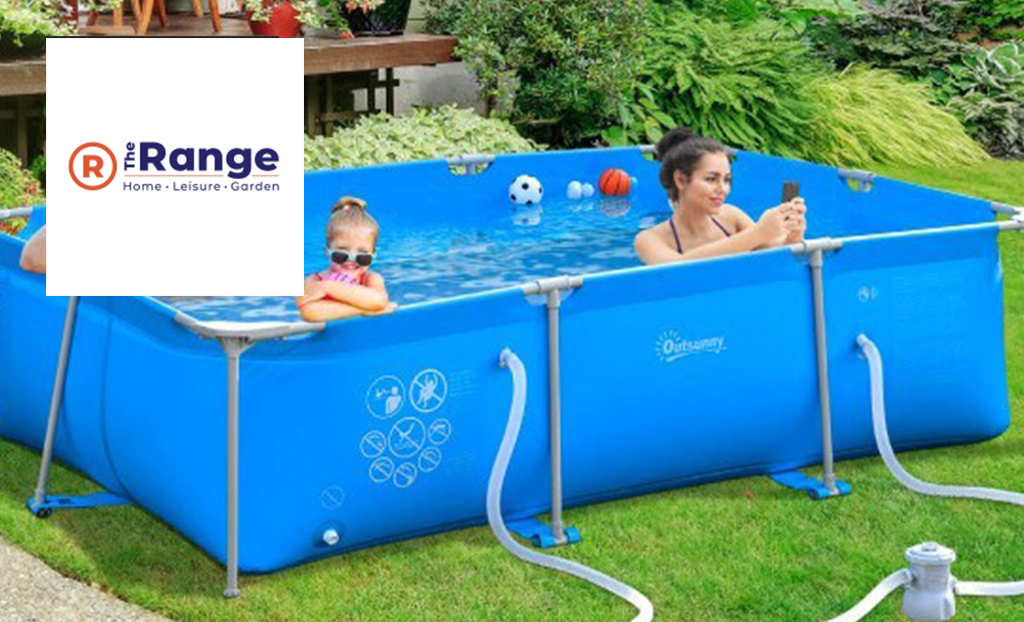 Blue pool in the garden with family in