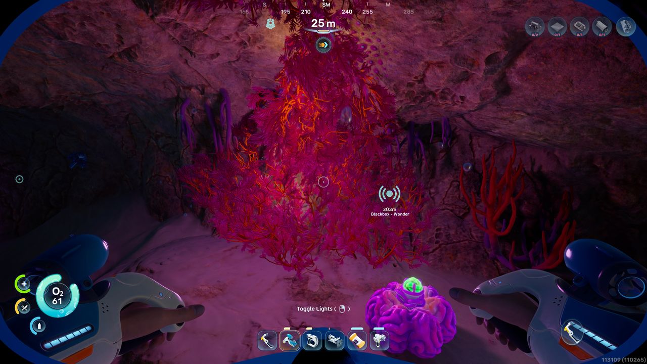 Subnautica 2 fibrous pulp: A player looking at feather kelp inside a cramped cave.