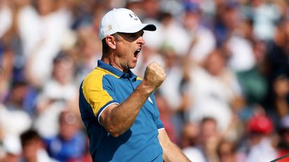 Justin Rose celebrates during his Ryder Cup singles match at Marco Simone
