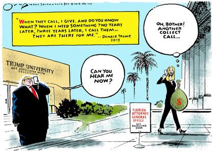 Political cartoon U.S. Donald Trump Bondi donations