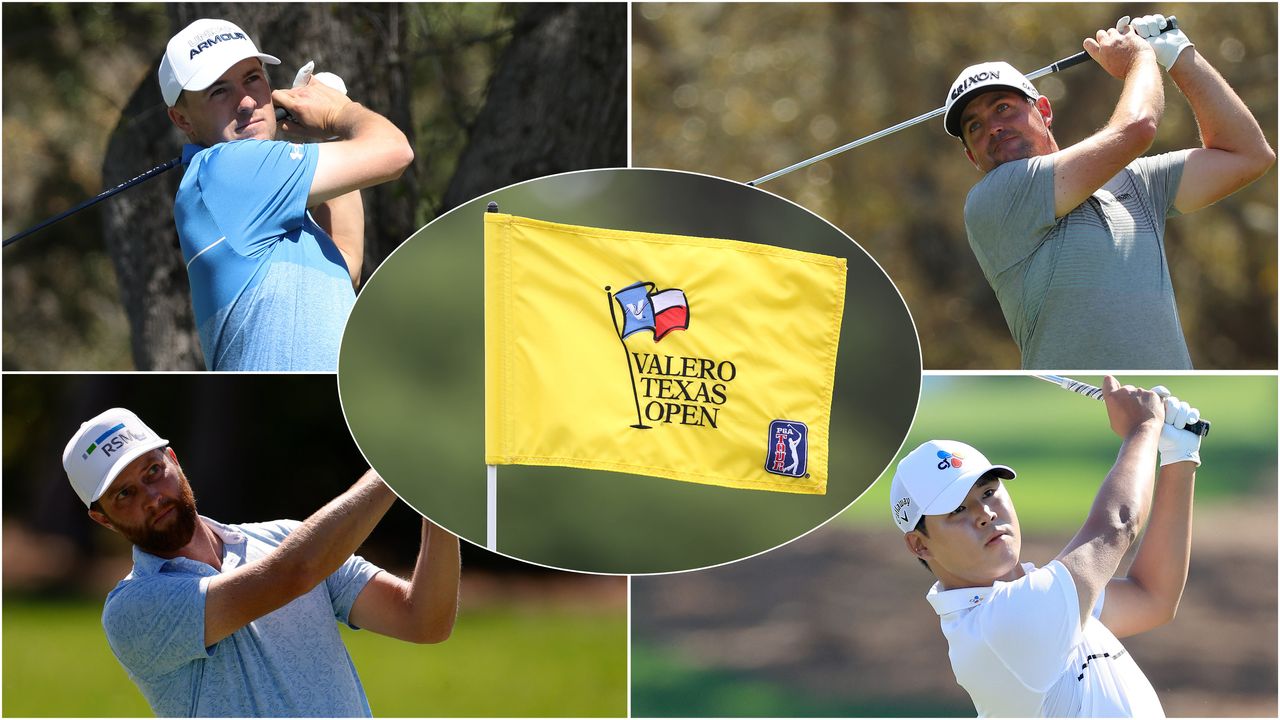 Montage of Texas Open flag and four golfers