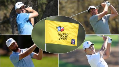 Montage of Texas Open flag and four golfers