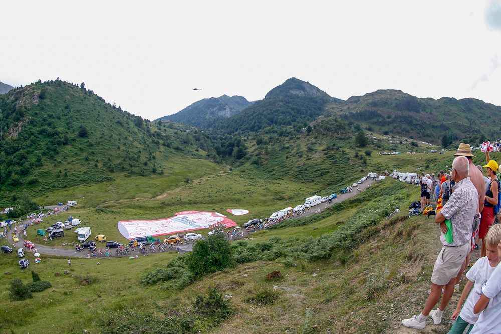 The peloton make their way up a climb during stage 12.