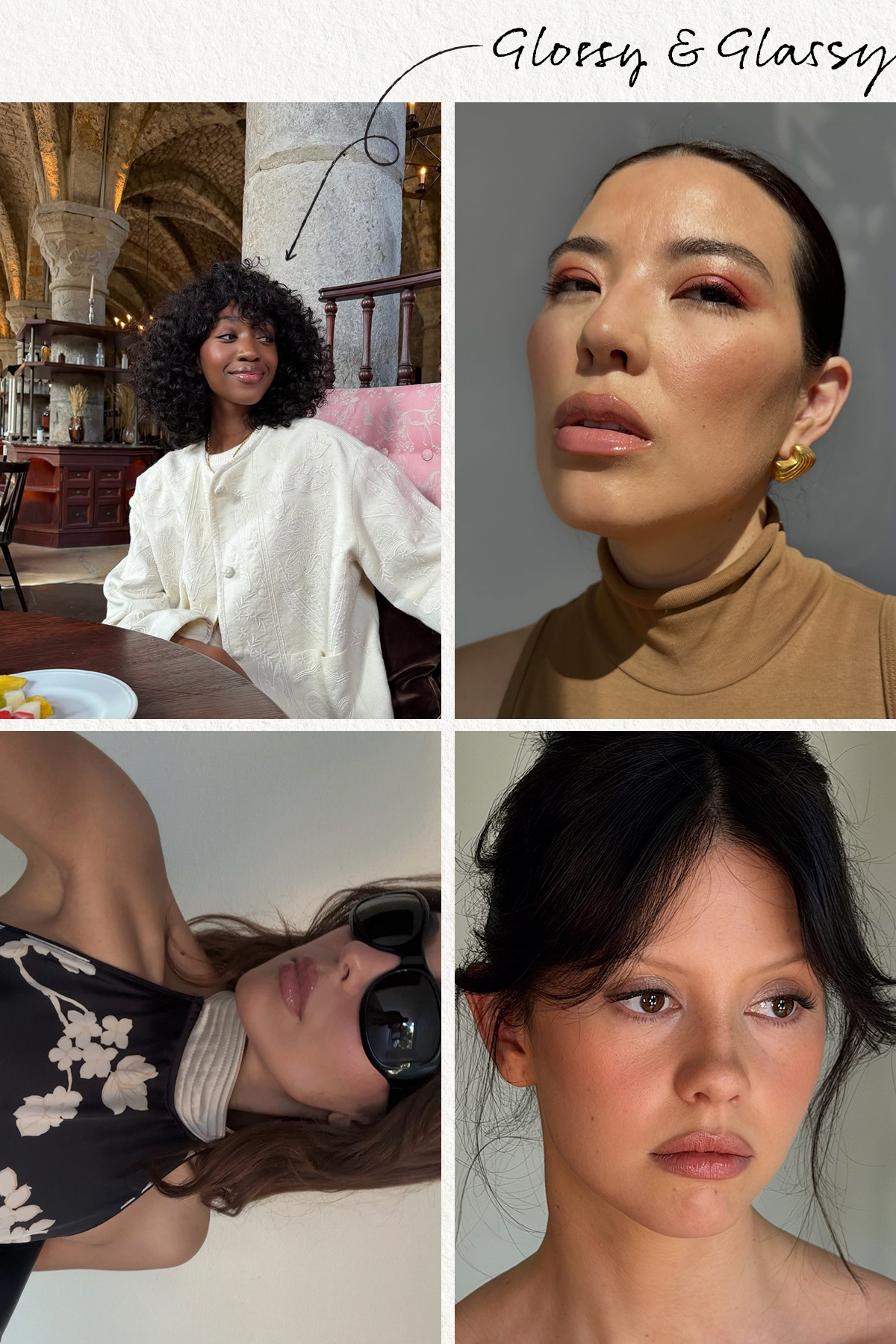 A collage of glossy lip looks