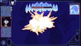 An explosion, as a character gasps to the left of it