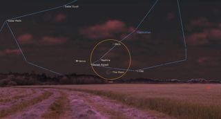 a low, red-hued horizon sits below a dark sky with faint red clouds. an orange outline circles mars and part of the constellation capriocrnus, traced in blue. the crescent moon hangs near the bottom of the circle.