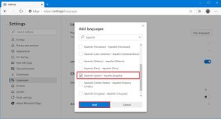 Microsoft Edge select new language option