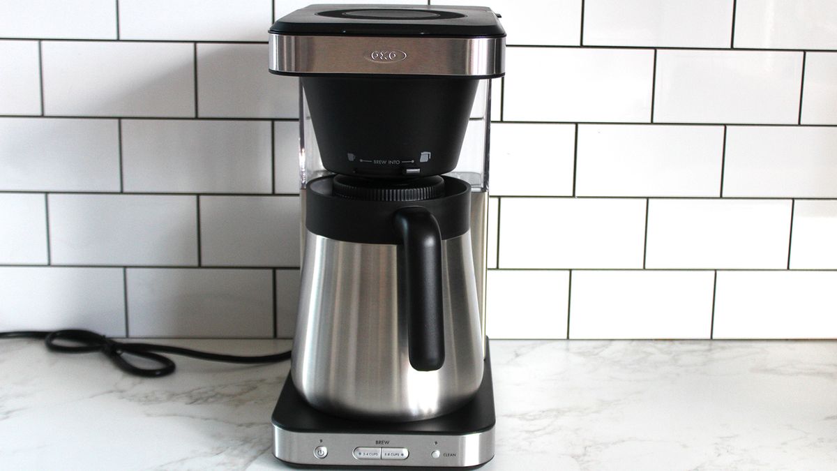 OXO Brew 8-Cup Coffee Maker with the coffee pot inserted