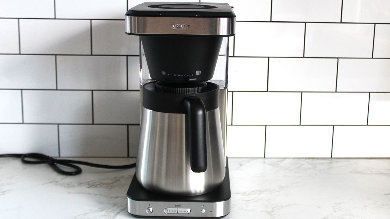 OXO Brew 8-Cup Coffee Maker with the coffee pot inserted